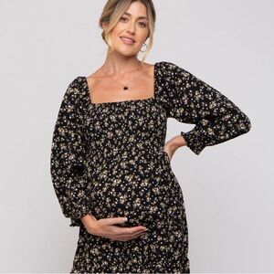 Floral Smocked Long Sleeve Maternity Dress Size: L